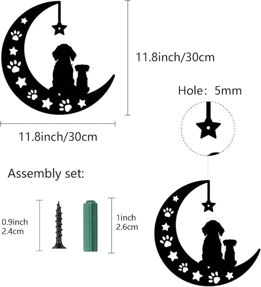 CREATCABIN Metal Moon Wall Decor Black Dog Wall Art Silhouette Pet Paw Print Minimalist Wall Sculpture Statues Hanging Decoration for Farmhouse Garden Balcony Ornament Dog Lovers Gift 11.8 x 11.8 Inch