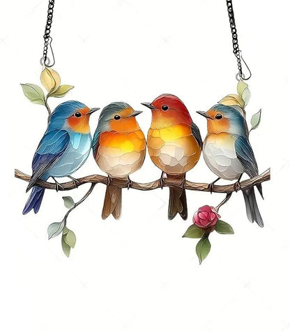 Birds On Branch Stain Glass Window Hanging Hummingbird Sun Catcher with Metal Chain, Bird Stained Art Ornament, Indoor Outdoor Window Suncatcher for Garden，Home，Housewarming Decor