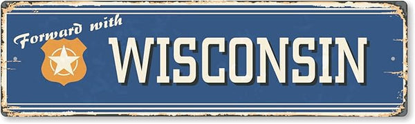 SmartSign 4 x 14 inch Forward With Wisconsin State Vintage Metal Sign, 40 mil Rustproof Aluminum with Clear Overcoat, Retro Wall Décor, Multicolor, Made in USA