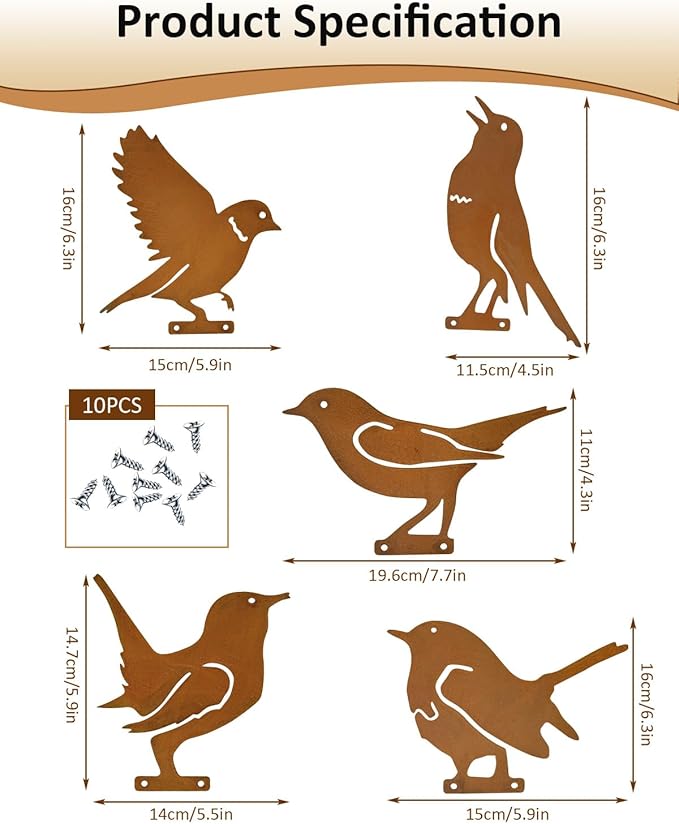 Rusty Birds Decoration, Metal Bird Craft Statue Ornaments Fence Topper Decor, Lifelike Patina Bird Decor Outdoor Ornaments Silhouette, Garden Fence Country Yard Art Gardening, Iron Material (5 Pcs)