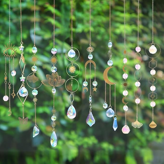 Sun Catchers, 10 Pieces Colorful Crystal Suncatcher with Chain Pendant Ornaments Hanging Crystals Prism Rainbow Maker for Windows Indoor Outdoor Car Mirror Garden Decor Wedding Party Xmas Gift (10)
