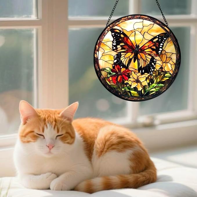 Stained Glass Window Hanging - Butterfly Red Flowers Yellow Flowers 6.3 Inches Suncatcher for Garden Home Decor for Women Mon Grandma Friends