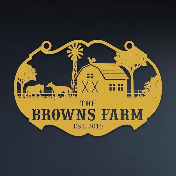 Personalized Metal Farm Ranch Sign, Customized Family Last Name, Large Decor, Outdoor Art, Welcome Sign, Black, 12" - 14" - 16" - 20" - 24" - 27" - 32" - 39
