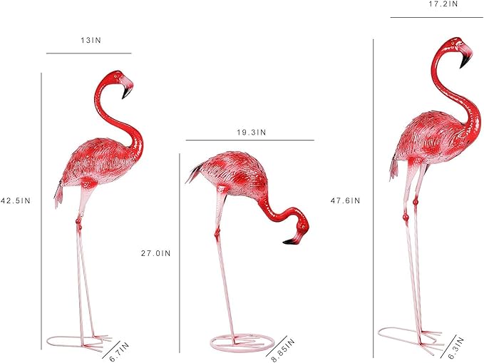DreamsEden Large Flamingo Garden Statues Set of 3, Outdoor Metal Flamingo Sculptures Yard Art for Lawn Patio Decor, Pink Red Bird Ornaments (47.6 x 42.5 x 26.9 Inch)