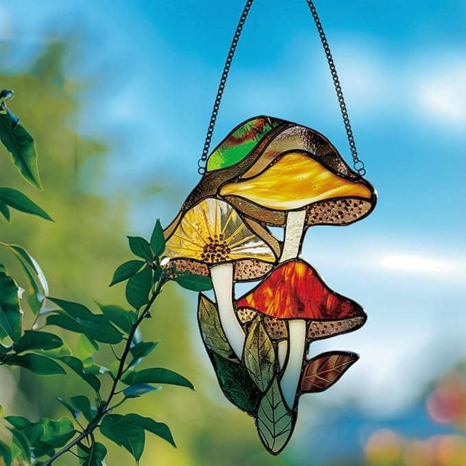 Mushrooms Window Hanging,Stained Acrylic Mushroom Sun Catcher for Home Office Wall Window Decor