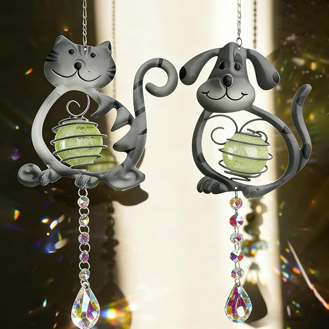 Cat＆Dog Garden Suncatcher,2 Pack Suncatchers with Crystal,Metal Sun Catchers Indoor Window Ornament for Outdoor Indoor Home Garden Decoration
