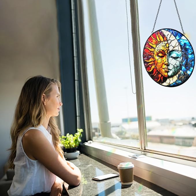 Sun and Moon Suncatcher Stained Glass Window Hanging - 8” Handmade Celestial Decor Suncatchers for Windows Hanging - Sun Catchers Indoor Window Wall Home Garden Decor Mothers Day for Mom Grandma Gift
