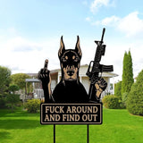F Around & Find Out Dog Sentry Metal Dogs Silhouette Garden Stake with Middle Finger &Weapon Sign, FAFO Security Sign Middle Finger Dog Statue Decor for Outdoor Yard Patio (Doberman, 8 * 16")