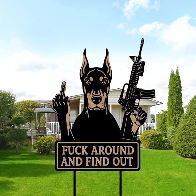 F Around & Find Out Dog Sentry Metal Dogs Silhouette Garden Stake with Middle Finger &Weapon Sign, FAFO Security Sign Middle Finger Dog Statue Decor for Outdoor Yard Patio (Doberman, 6 * 12")