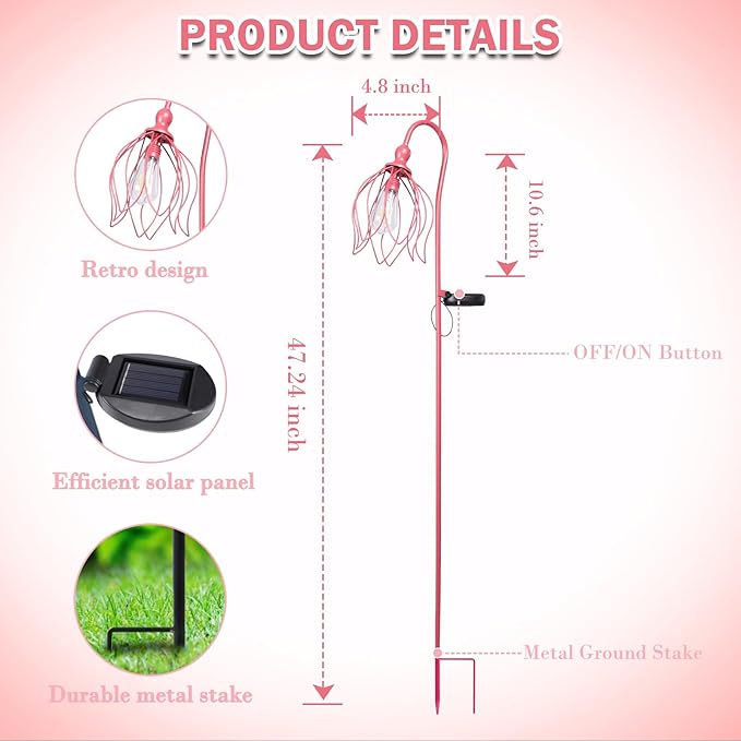 Solar Lights Outdoor Decorative Solar Wire Metal Flower Yard Stake Decorative Path Light for Walkway Pathway Lawn Patio Yard Decorations Pink 2 Pack