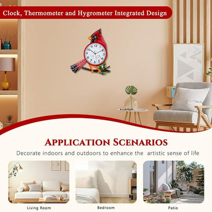 Large Outdoor Clock with Thermometer & Humidity - Silent Non-Ticking, Cardinal Outdoor Wall Clock for Patio, Garden, Kitchen, Living Room(Red)