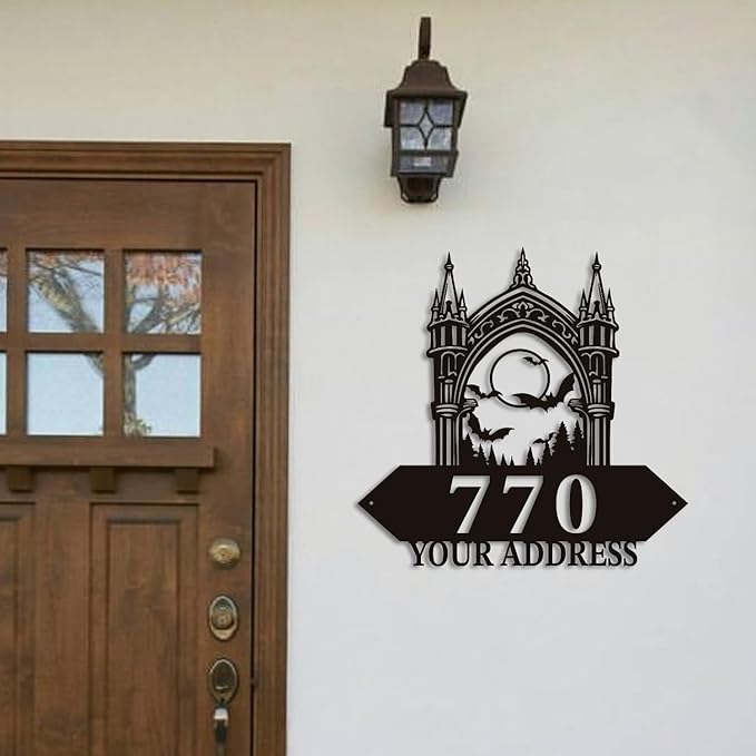Personalized Gothic House Number metal Signs,Custom Address Number Metal Wall Art Decor,Black Plaques Outdoor wall Decorative Signage,Shed(8-30 Inches) (Castle B)