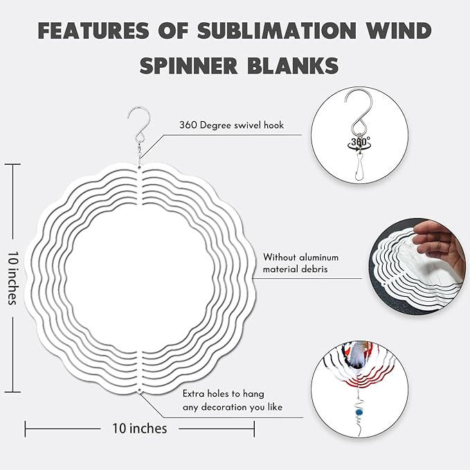 10 Pack 10 inch Wind Spinner Blanks, 2 Sided Printable Stainless Steel Metal Wind Powered Kinetic Sculpture for Yard and Garden