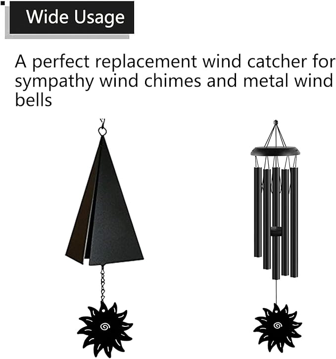 Replacement Wind Catcher, Metal Wind Chime Parts Replacement with 16.4FT Nylon Cord, Wind Chime Sail Replacement Accessories for Sympathy Wind Chimes and Wind Bells, Black Sun