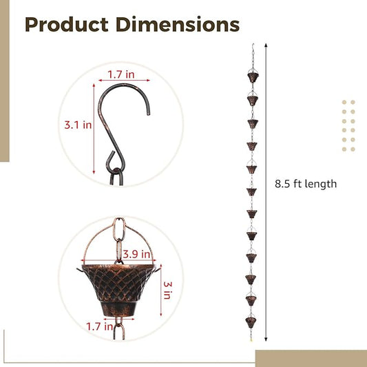 Copper Rain Chain, Decorative Gutter Downspout, 8.5 Ft with 12 Cups, Weather-Resistant Garden Water Diverter for Outside