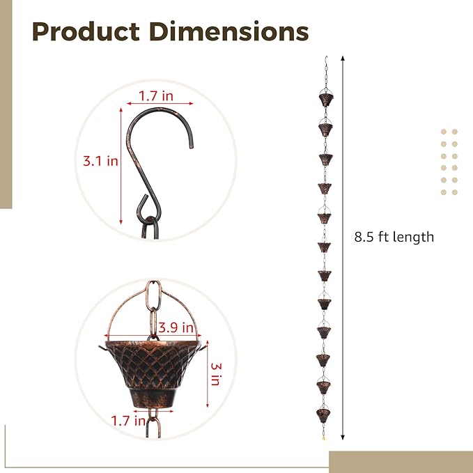 Copper Rain Chain, Decorative 8.5 Ft Gutter Downspout with 12 Cups, Outdoor Rain Catcher, Weather-Resistant Garden Water Diverter