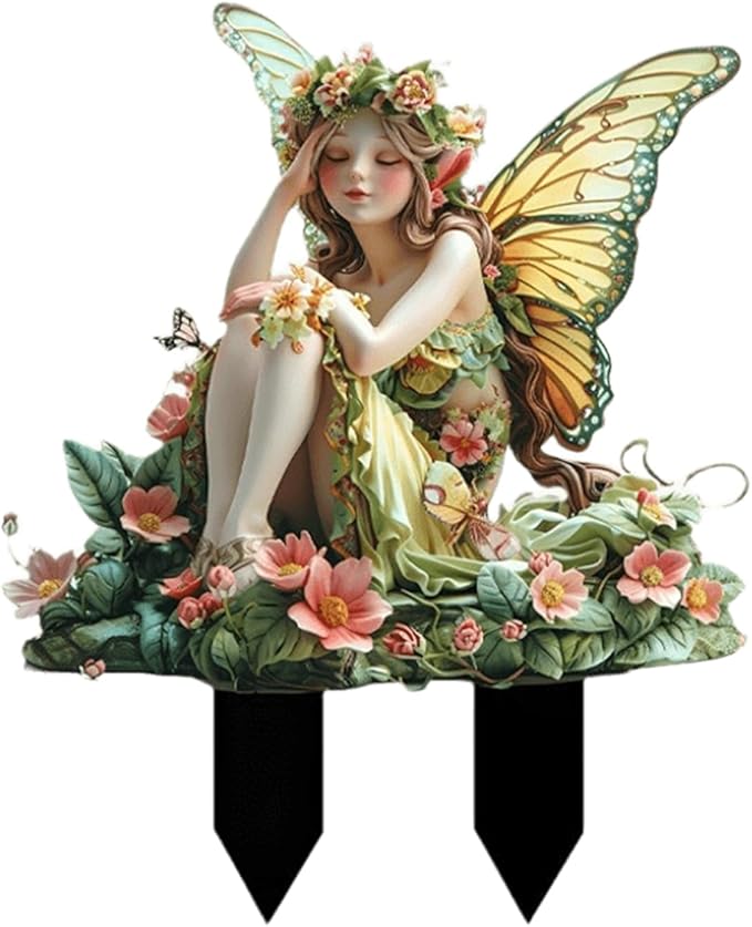Flower Fairy Garden Stake Decor, 2D Flat Acrylic Elf Garden Sign with Stake, Fairy with Magic Sign for Indoor Outdoor Yard Lawn Balcony Pot Plants (Green Flower Fairy)