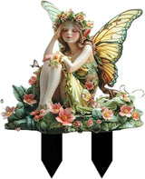 Flower Fairy Garden Stake Decor, 2D Flat Acrylic Elf Garden Sign with Stake, Fairy with Magic Sign for Indoor Outdoor Yard Lawn Balcony Pot Plants (Green Flower Fairy)