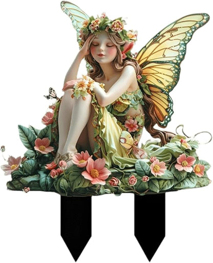 Flower Fairy Garden Stake Decor, 2D Flat Acrylic Elf Garden Sign with Stake, Fairy with Magic Sign for Indoor Outdoor Yard Lawn Balcony Pot Plants (Green Flower Fairy)