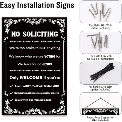 No Soliciting Sign For Front Door, No Soliciting Yard Sign 'We'Re Too Broke To Buy Anything' Metal Wall Art Signs for Outside, Funny Metal Signs For Door House Outside Decor 7.8 X 11.8 Inch