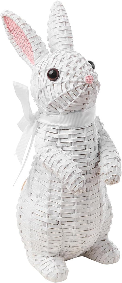 Rattan Rabbit Woven Rabbit Bow Resin Ornaments for Home Courtyard Lawn Tabletop and Easter Decoration to Enhance The Easter Atmosphere Preferred Easter Gifts (8.1in White Station)