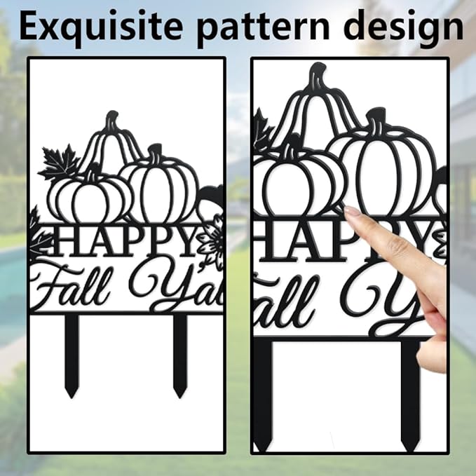 WADORN Fall Pumpkin Metal Decorative Garden Stakes, Funny Happy Fall Y'all Metal Outdoor Statues Funny Maple Leaves Black Silhouette Ornament Gifts for Thanksgiving Party Autumn Harvest Lawn Walkway