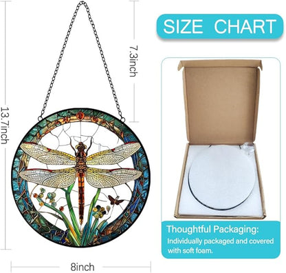 Dragonfly Suncatcher Stained Glass Window Hanging - 8″ Handmade Dragonflies Plant Suncatchers for Windows Hanging - Sun Catchers Christmas Decorations Glass Panel - Birthday Gifts for Women Men Mom