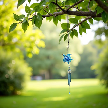 Comfy Hour 35" x 5" Sea Turtle Metal Art Wind Chime, Decorative Glass and Metal Hanging Windbell for Coastal Garden, Artisan Crafted Ocean Theme Decor for Beach House & Patio, Blue, 1 Piece