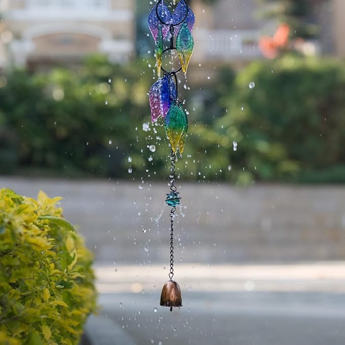 dreamysoul Rain Chains for Outside, 7.87FT Adjustable Glass Rain Chain, Colorful Leaf Rain Catcher Chains for Gutters Downspout, Eaves, Drainage