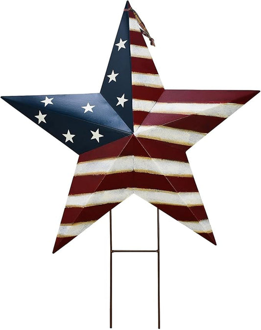 Metal Barn Star Yard Sign Patriotic Garden Stakes Hanging Ornament with Stake Outdoor 4th of July Lawn Decoration Party Supplies USA Flag Decor for Independence Day Memorial Day (A)