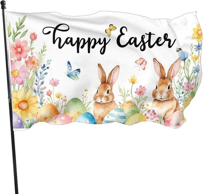 Happy Easter Flag with Bunnies and Eggs, 3x5 FT, Polyester with Metal Grommets, Spring Floral Butterfly Design, Double Sided, Indoor Outdoor Decoration