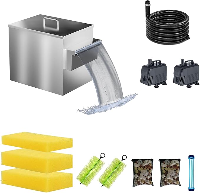 Carefree Fish Koi Pond Filter Box Stainless Steel Garden Water Waterfall Filtration Outdoor Horse Equipment Pool Filter System with Water Pump(Patent No.:US D1067273S)