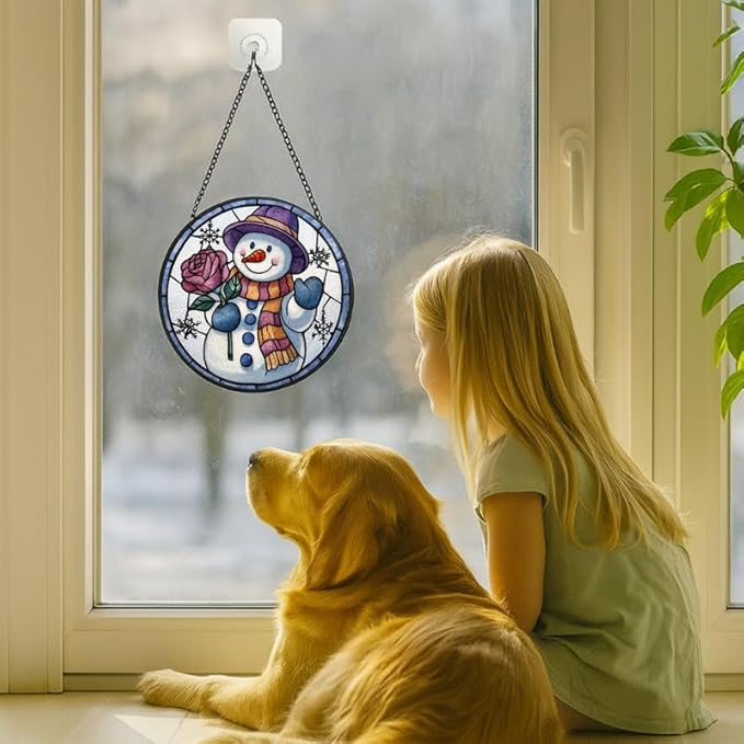 Stained Glass Window Hanging - Smiling Snowman with Rose,7.8in Sun Catchers Panel for Indoor Decorative Display for Mom， Wife， Lovers， Festive