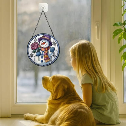 Stained Glass Window Hanging - Smiling Snowman with Rose,6.3in Sun Catchers Panel for Indoor Decorative Display for Mom， Wife， Lovers， Festive