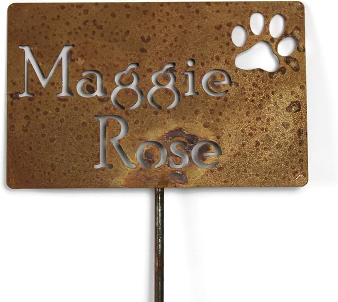 Classic Metal Garden Markers Clearance Items 20 to 33 Inches Tall (Maggie Rose + paw print, Naturally Rusted)