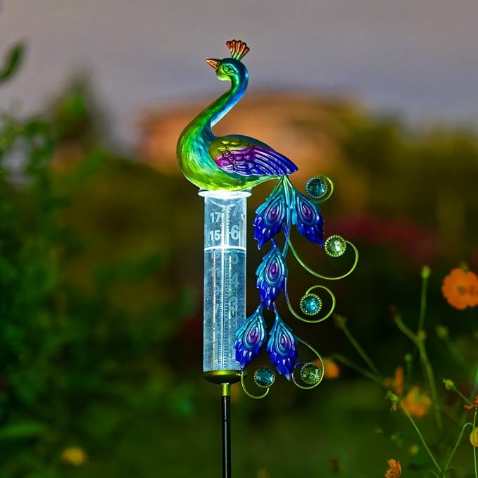 Peacock Rain Gauge Outdoor 36.6" Solar Powered Large Rain Gauges Freeze Proof Water Gauge with Metal Stakes Decorative for Garden,Lawns,Patio
