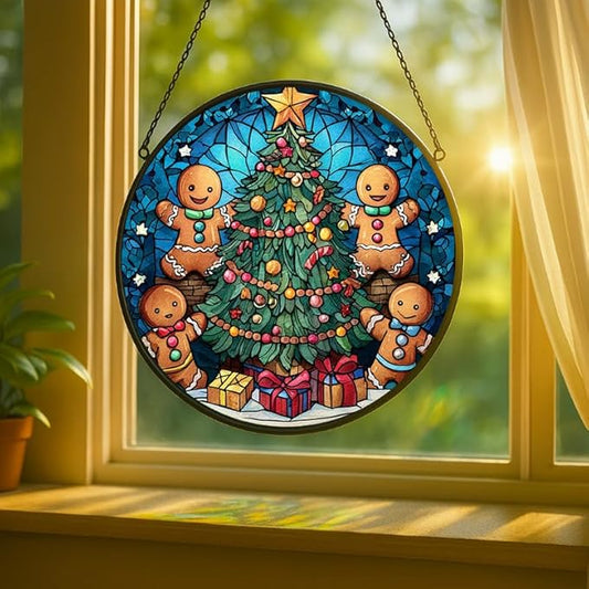 Stained Glass Window Hanging - 9.8in Gingerbread Men Decorating Christmas Tree Sun Catchers Panel for Indoor Decorative Display for Mom,Wife,Lovers,Festive