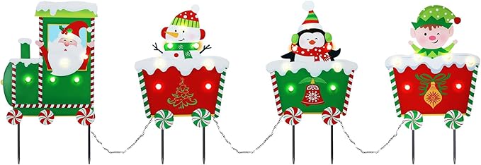 WONDER GARDEN Christmas Yard Stakes, 4 PCS LED Light Christmas Train Decor with Santa Claus, Snowman, Penguin and Elf Yard Signs Yard Decorations for Lawn Decorations