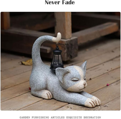 Solar Garden Statue, Cute Resin Animal Figurine with Solar Lantern Outdoor Decor for Patio Lawn Yard Pathway, Unique Housewarming Birthday Gift for Mom and Grandma (Cat)