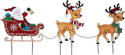 WONDER GARDEN Christmas Metal Yard Stakes, Lighted 3 Pack Christmas Garden Stakes Yard Signs, Outdoor Decorations with Santa Sleigh and Reindeer for Lawn Party Outside