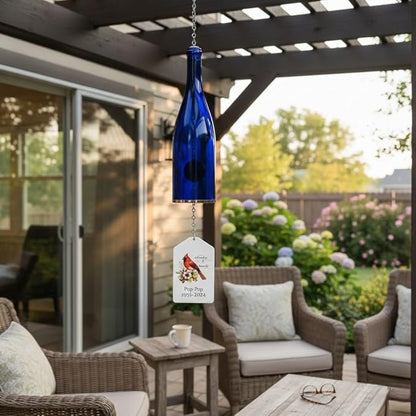 Blue Ridge Mountain Gifts Memorial Wine Bottle Wind Chime with Personalized Flag, Customize with Text & Photo Unique Sympathy Gift