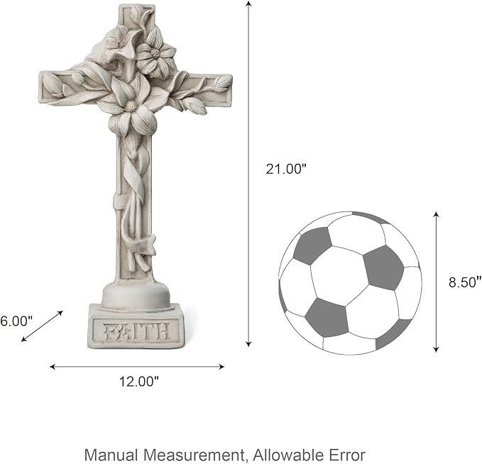 Glitzhome Holy Cross with Lily Garden Statue MGO Outdoor Decoration, 13.75" H, Ash Gray