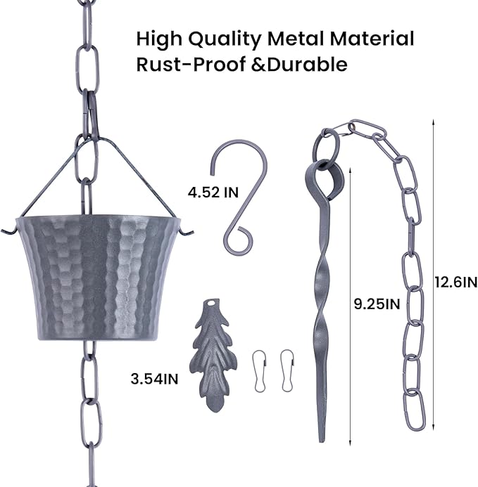 Rain Chain for Gutters with Adapter,Wrought Iron Rain Chains Set 8.5 Ft,Not Rust, Gotta Drain with Sturdy Anchoring Stake, 14 Cups, 1 Hook, Adjustable Gutter Downspout for Outdoor(Blue Gery)