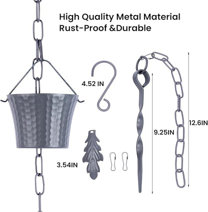 Rain Chain for Gutters with Adapter,Wrought Iron Rain Chains Set 8.5 Ft,Not Rust, Gotta Drain with Sturdy Anchoring Stake, 14 Cups, 1 Hook, Adjustable Gutter Downspout for Outdoor(Blue Gery)