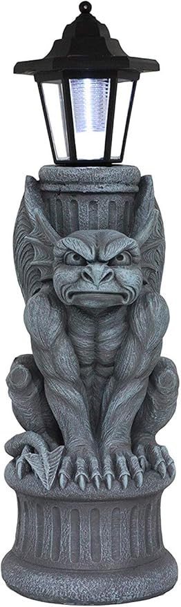 Ebros Faux Stone Gothic Crouching Winged Gargoyle Statue with Solar LED Lantern Light Post 20" Tall Decor Figurine