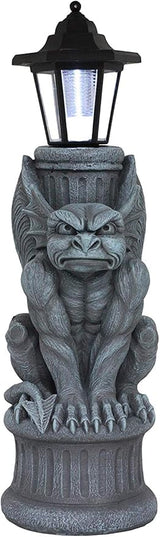 Ebros Faux Stone Gothic Crouching Winged Gargoyle Statue with Solar LED Lantern Light Post 20" Tall Decor Figurine