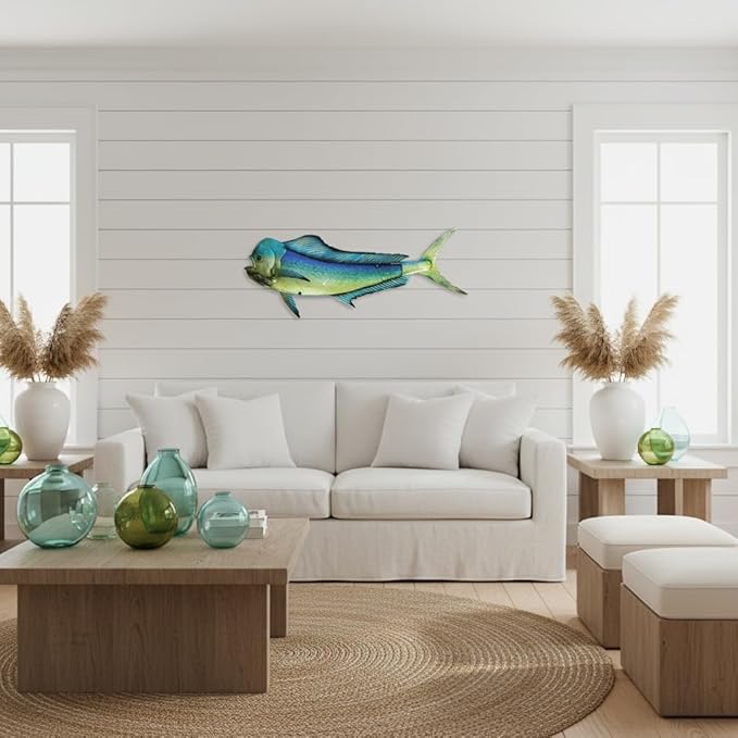 LIFFY Metal Mahi Wall Art Indoor Outdoor Metal Fish Wall Decor Fish Wall Hanging Decorative Ornaments Glass Nautical Theme Home Wall Decorations for Office,Pool,Bathroom - 36 Inches Long