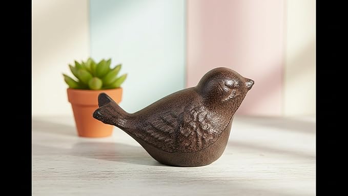 Comfy Hour 3.5" Heavy Duty Cast Iron Bird Figurine, Decorative Vintage Brown Sparrow Statue for Farmhouse Home Decor, Shelf, Mantel & Tiered Tray, Bird Lovers Gift, 1 pc