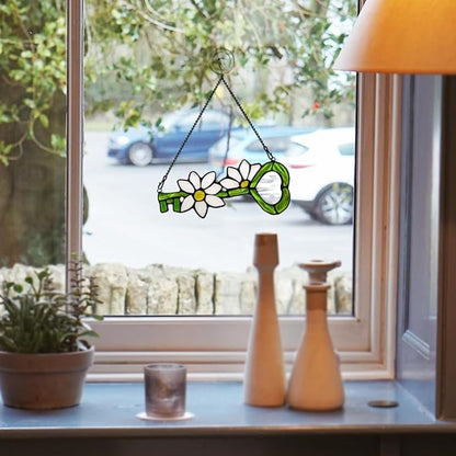 Key Decor Stained Glass Suncatcher White Flower Ornament,Artificial Floral Glass Suncatcher,Stained Glass Window Hanging Daisy Flower Gift for Women Mom Grandma