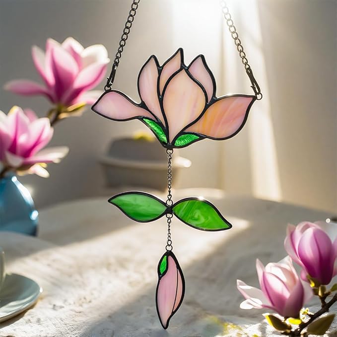 Magnolia Flower Gifts for Women Stained Glass Suncatcher for Window Hanging,Pink Flower Decor Stained Glass Sun Catcher Indoor Window,Flower Gift for Mom,Best Gifts for Teacher